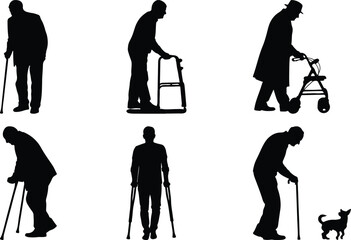 Fototapeta premium Elderly individuals using mobility aids in various poses and activities
