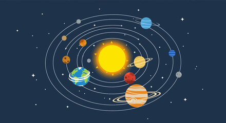 Solar System Planets Orbiting Sun, Cosmic Galaxy Space Illustration © jas