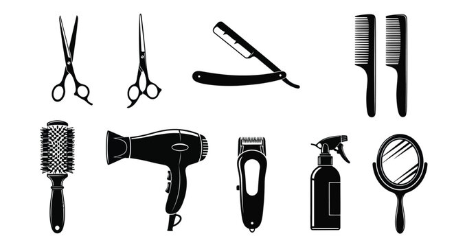 Black and white illustration of various barber and hairstylist tools