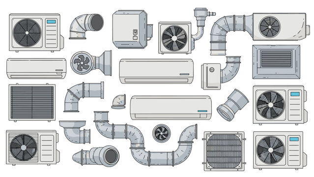 Comprehensive set of hvac system components including air conditioners, ventilation ducts, fans, and outdoor compressor units.