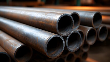 Fototapeta premium Close up view of a stack of weathered rusty industrial steel pipes emphasizing their metallic texture hollow circular form and industrial setting
