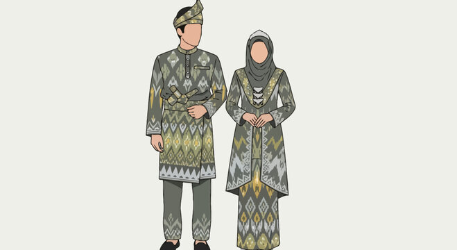 Traditional Malaysian Couple in Baju Melayu and Baju Kurung