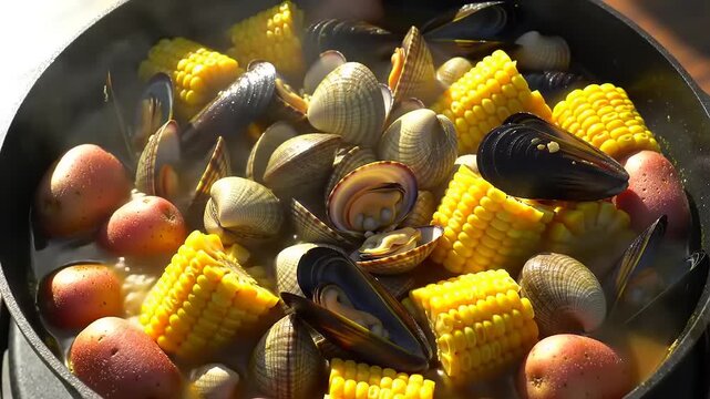 Seafood boil with corn with potatoes.