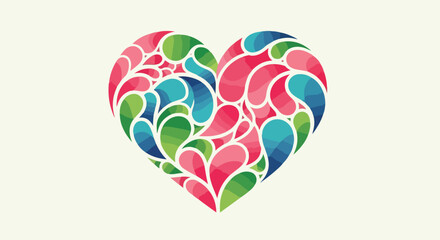 A heart-shaped graphic filled with colorful, stylized tear-drop-like shapes