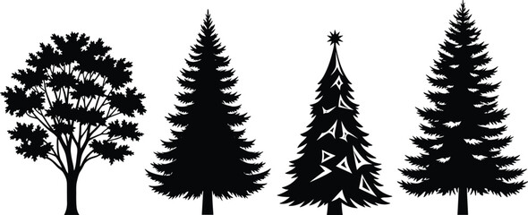 Black vector silhouette set of diverse trees including deciduous maple and coniferous pine for nature branding forest landscaping seasonal decor and environmental conservation design © MstKalpona