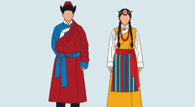 Traditional Tibetan Couple in Ethnic Clothing