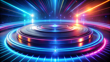 Circular stage with neon lights in blue, pink, and orange, evoking a futuristic disco, rave, or virtual reality experience with high energy.