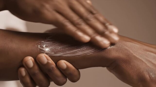 Close Up Of Dark Skinned Hands Applying White Cream Exfoliant Scrub To Wrist With Soft Natural Lighting And A Neutral