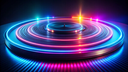 Close-up of a modern DJ turntable glowing with electric blue and hot pink neon rings, evoking a vibrant and energetic club scene.