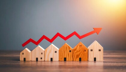 Row of wooden houses with red upward arrow