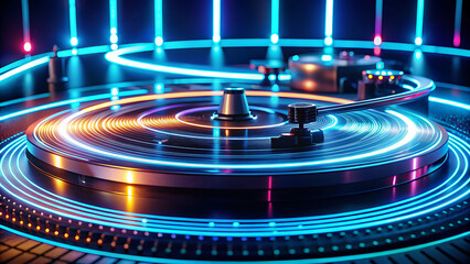 Dynamic shot of a DJ turntable with a stylus, surrounded by swirling neon lights in electric blue and orange, suggesting a high-energy performance.