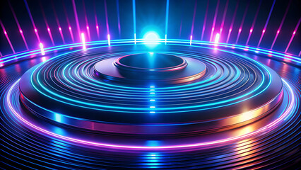 A circular DJ turntable platform bathed in cool blue and soft pink neon light, with bright light flares in the background, evoking a cosmic club vibe.