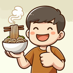 Cartoon vector illustration of a person happily eating noodles while giving a thumbs up.