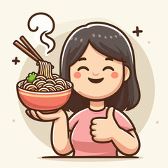 Cartoon vector illustration of a child happily eating noodles while giving a thumbs up