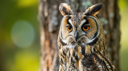 Fototapeta premium A close up portrait of a majestic owl perched on a tree