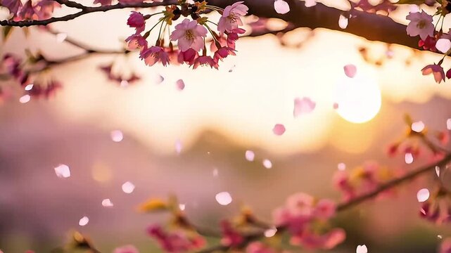 Delicate pink blossoms dancing in the gentle breeze against a soft sunset glow