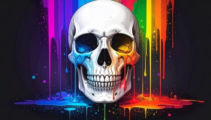 Colorful dripping paint skull on dark background
