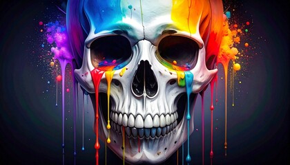 Colorful dripping paint skull on dark background