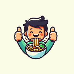 Cartoon vector illustration of a child happily eating noodles while giving a thumbs up