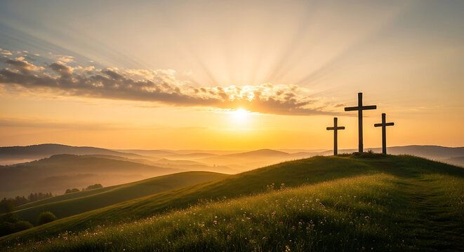 Three crosses on a hill at sunset with a serene landscape and vibrant sky
