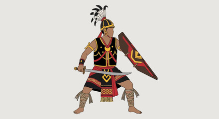 Warrior in Traditional Costume with Sword and Shield