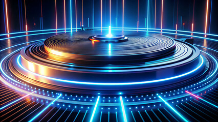 Circular stage with a DJ turntable and colorful neon vertical lights, creating a dynamic atmosphere for concerts and electronic music.