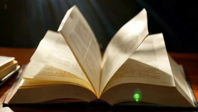 The mystical allure of an old book with pages turning, gently touched by a heavenly light, representing the gateway to imagination and profound understanding