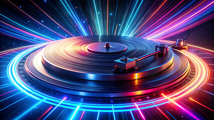 Energetic music visualization with a DJ turntable at the center, surrounded by dynamic streaks of blue, pink, and yellow neon lights.