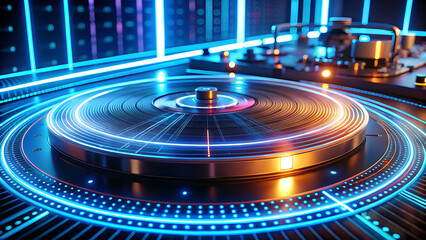 Futuristic DJ booth with a spinning turntable, glowing blue and orange accent lights, and a grid pattern floor for electronic music events.