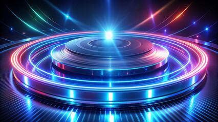 Central stage with a circular platform and glowing neon rings of red and blue, radiating light for a futuristic performance or event.