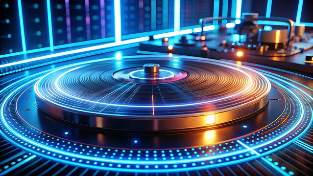 Futuristic DJ booth with a spinning turntable, glowing blue and orange accent lights, and a grid pattern floor for electronic music events.