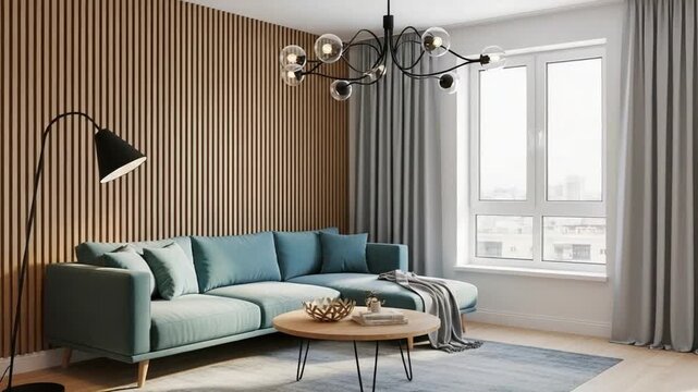 Modern living room interior with blue sofa and wooden coffee table