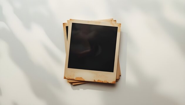 A stack of old, blank Polaroid photos on a white surface with shadows