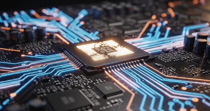 Close-up view of a computer motherboard showcasing intricate circuitry and glowing connections