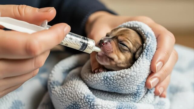 Adorable newborn puppy wrapped in a towel being syringe-fed milk.