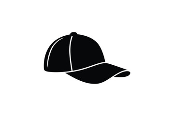 A simple black baseball cap with a white outline on a white background.