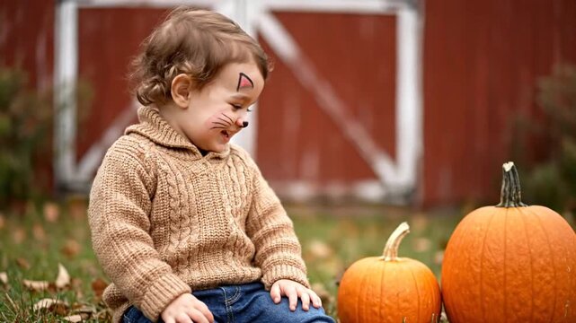 Adorable Toddler with Cat Face Paint Laughs and Plays with Pumpkins in an Autumn Farm Setting