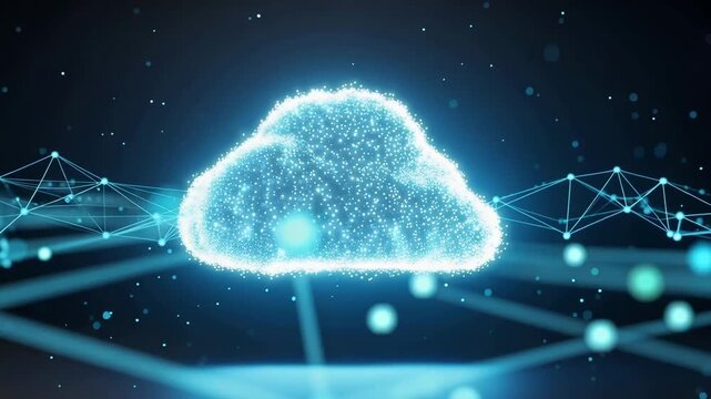 Animated cloud computing icon hovering over a shimmering digital network connection on a dark blue background for tech media.