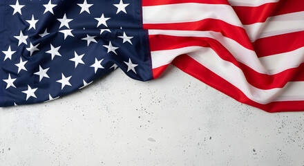 Obraz premium American flag waving on gray background with copy space