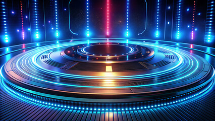 Empty circular stage with futuristic design, illuminated by vibrant blue and orange neon lights