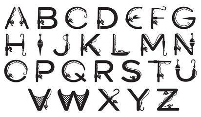 Alphabet letters decorated with fishing elements like rods, reels, and lures.