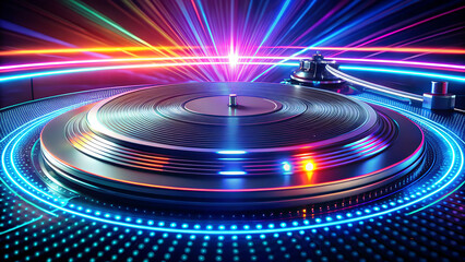 Retro DJ Turntable with Neon Lights, Music Party Atmosphere, Vintage Vibe, Club Night, Dance Music, Entertainment
