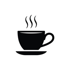 Obraz premium A simple black silhouette of a steaming cup of coffee on a saucer.