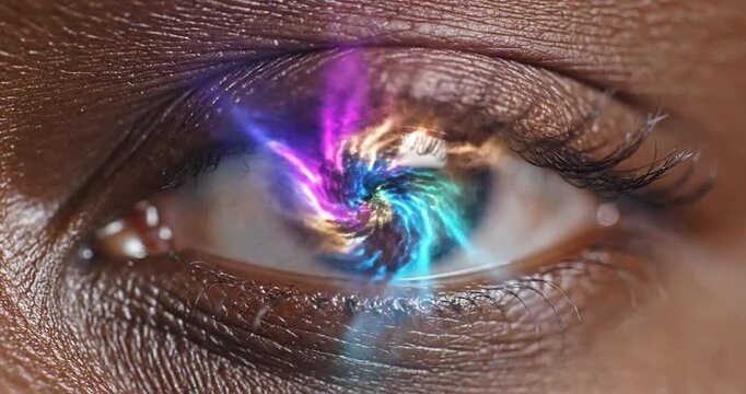 Close-up of a human eye showcasing a vibrant, swirling galaxy effect within the iris