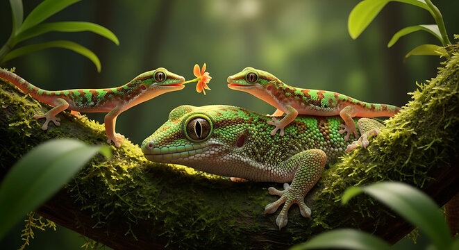 Three green geckos on mossy branch with leaves looking at orange insect in forest