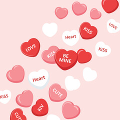 A pink backdrop with floating candy hearts expressing love and affection