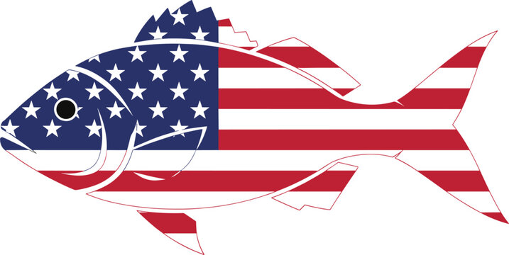 American Flag Fish Silhouette Vector Illustration with USA Stars and Stripes Pattern Symbolizing Patriotism, Freedom, Marine Life, and National Identity