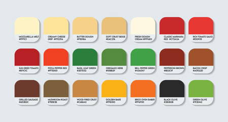 Pizza Color Palette with HEX Codes and Color Names. Warm Food Tone Vector Collection. Delicious Pizza Colors with HEX Codes. Tomato Red, Cheese Yellow and Crust Brown Vector. Tasty Shades for Labels