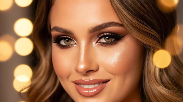 Glamorous beauty video showcasing elegant makeup and radiant skin tone with bokeh lights background