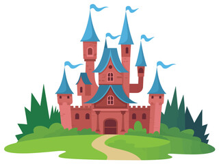 A beautiful cartoon castle with blue turrets and a lush green surrounding. © MdSojib